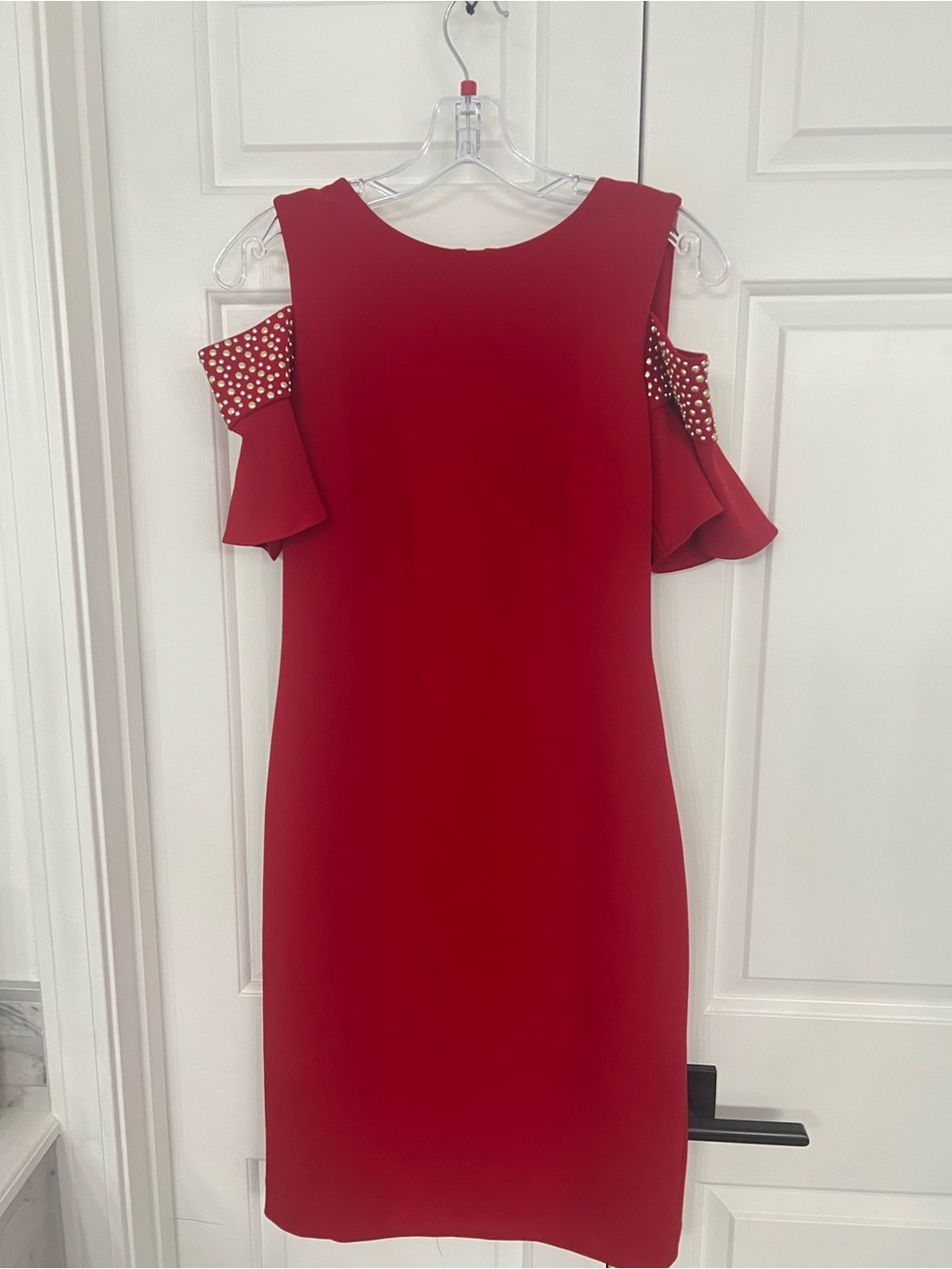 Calvin Klein Red Cold-Shoulder Sheath Dress with Studded Ruffle Sleeves